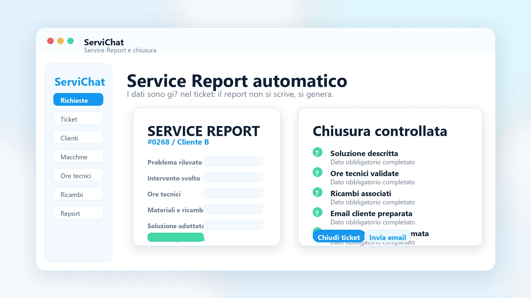 Schermata ServiChat con Service Report automatico e chiusura del ticket.